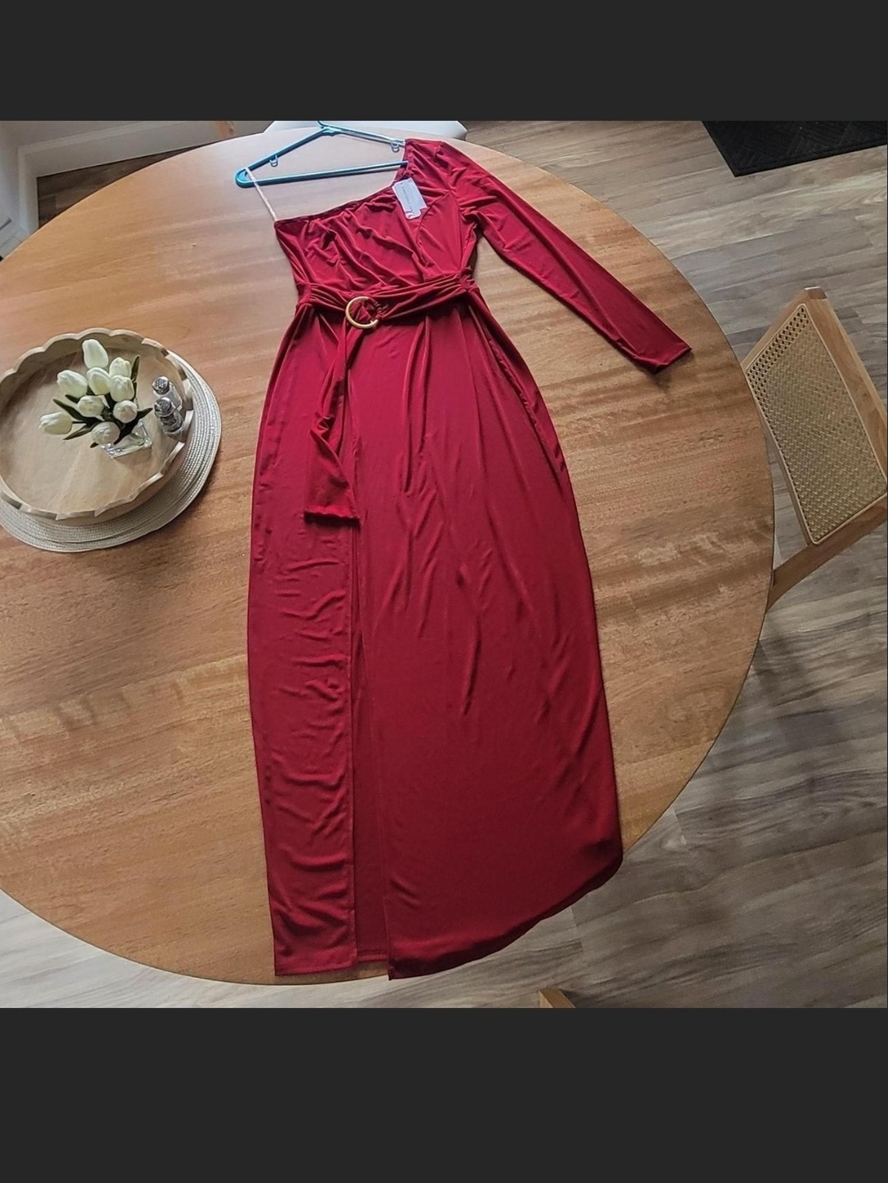 Women's Red Long Sleeve Wrap Maxi Dress with Belt